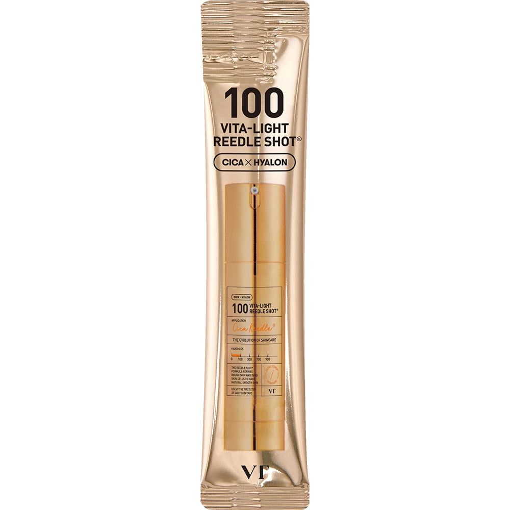 Fiala singola del VT COSMETICS 100 Vita-Light Reedle Shot in confezione dorata.