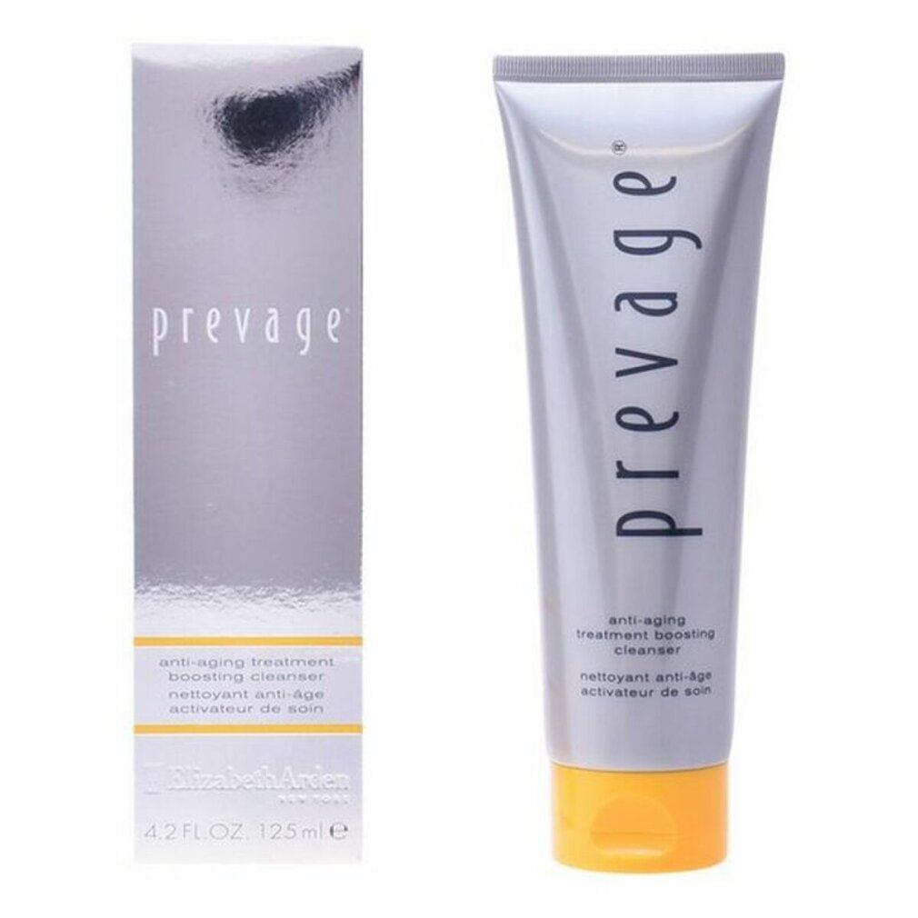 Tubo e confezione Prevage Anti-Aging Boosting Cleanser. Dettagli argento e giallo.