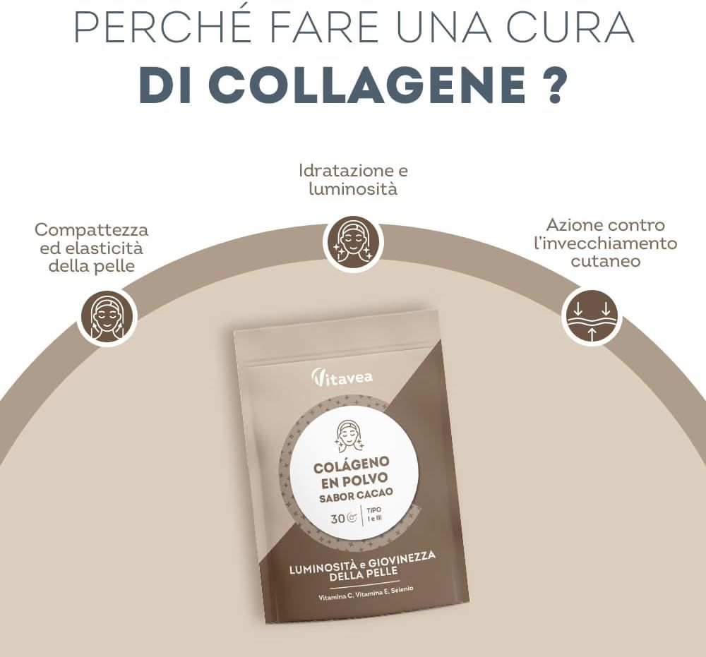 Istruzioni per preparare la polvere di collagene. 150 ml di acqua o latte, 1 misurino, mescolare, consumare subito.
