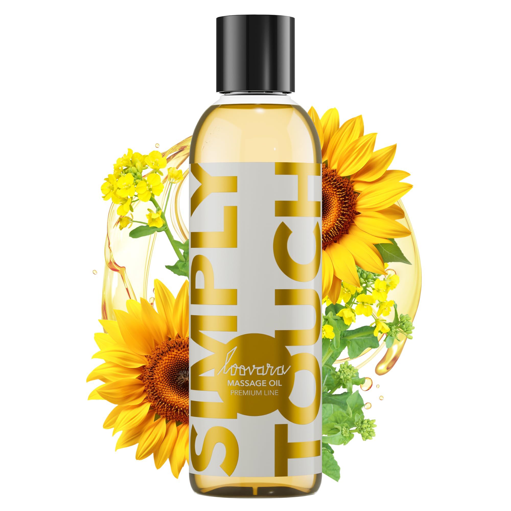 Flacone di olio da massaggio giallo, circondato da girasoli e gocce d'olio.