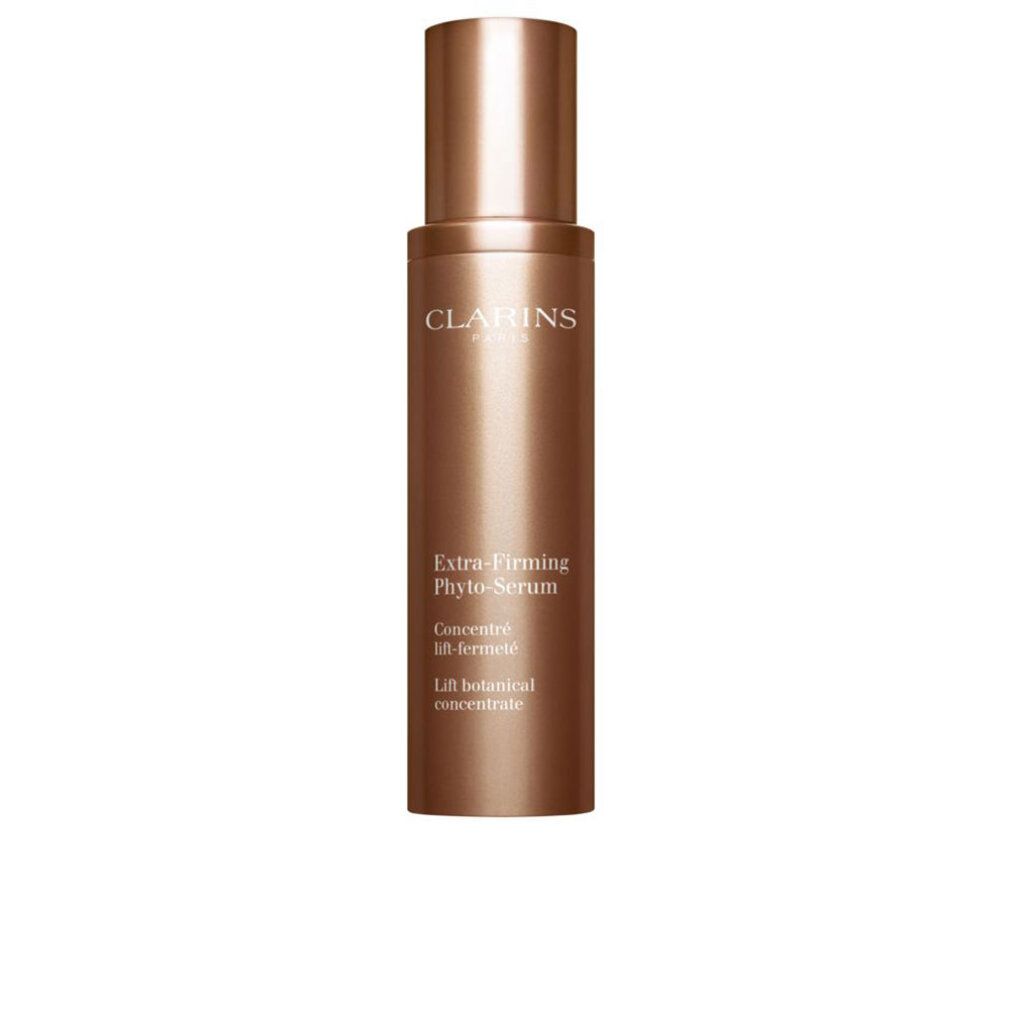 Siero Clarins Extra-Firming Phyto, flacone marrone con dosatore. Nome del prodotto e testo sul flacone.