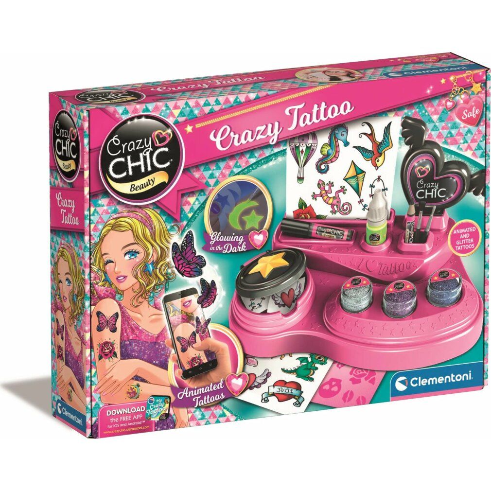 Confezione di Crazy Chic Crazy Tattoo. Set rosa con accessori, glitter, stencil e adesivi. Clementoni.