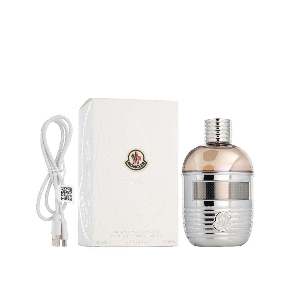 Flacone di profumo e confezione. Flacone argentato con tappo dorato. Confezione bianca con logo. Cavo USB.