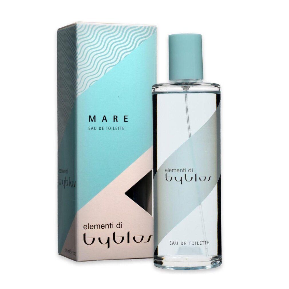 Flacone e scatola. Scritta: Mare Eau de Toilette, elementi di byblos. Design azzurro.
