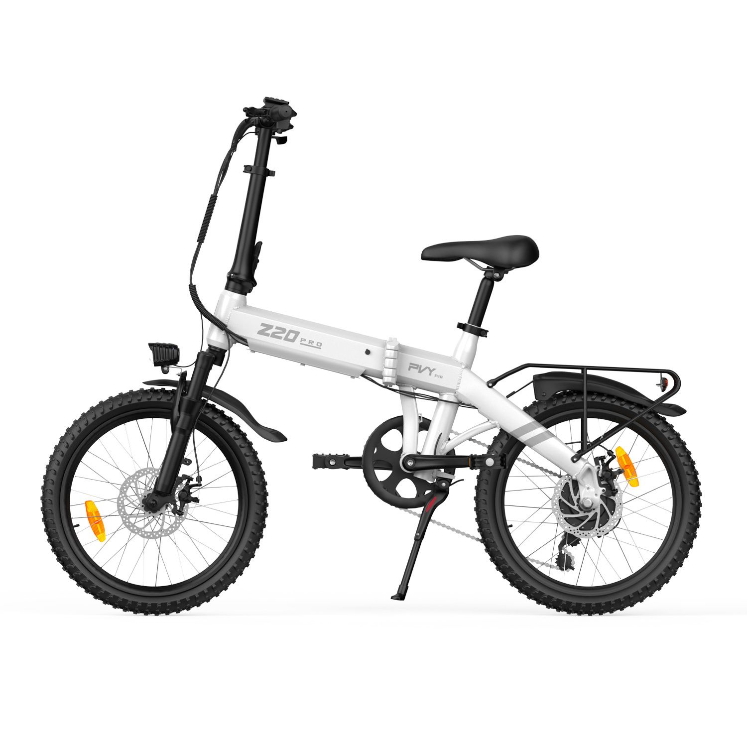 E-bike pieghevole, bianco e nero. Logo Z20, logo PVY, portapacchi, faro, parafanghi.