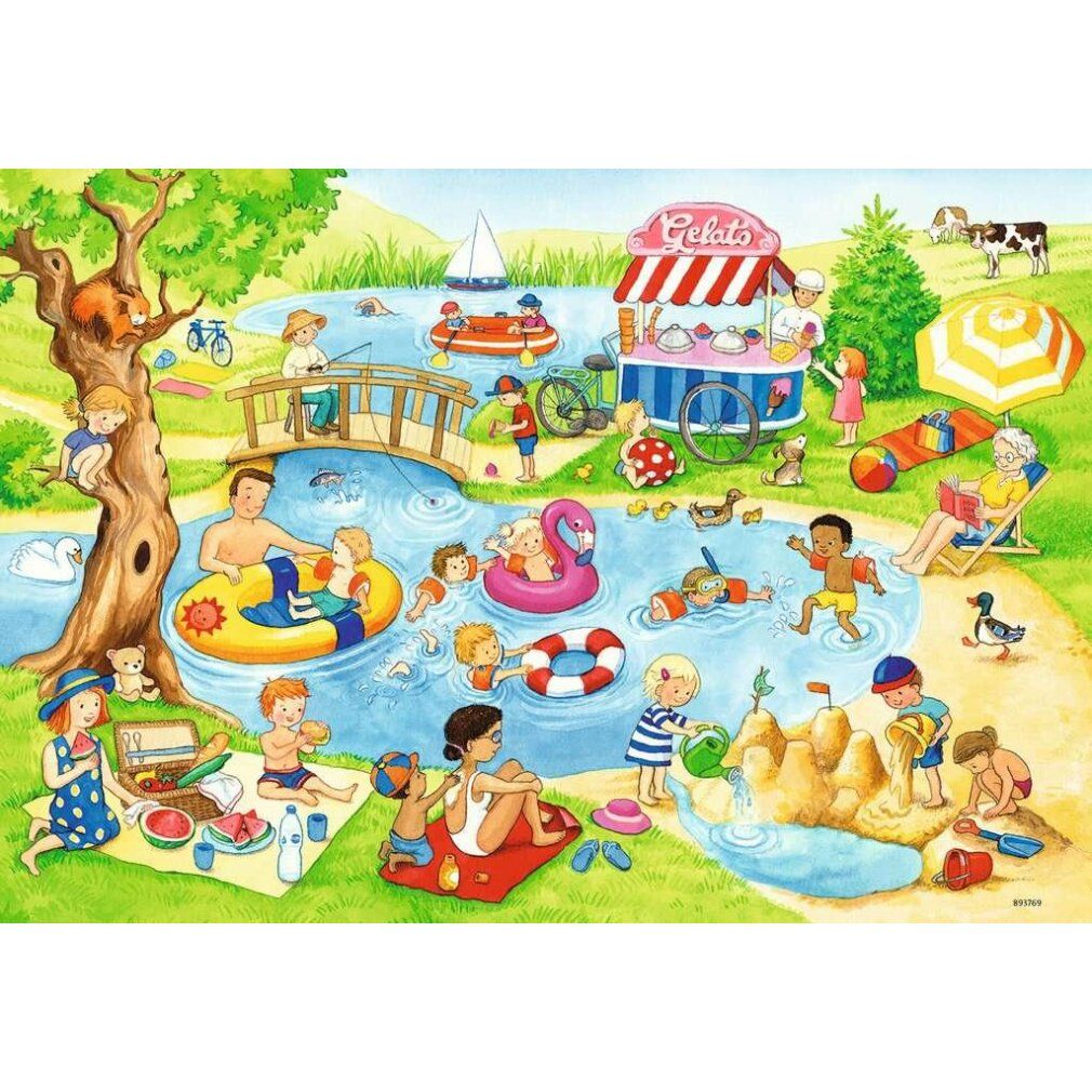 Puzzle con soggetto: bambini al lago. Bambini che giocano in acqua, sulla riva. Gelateria, bagnanti, albero, ponte. Senza confezione.