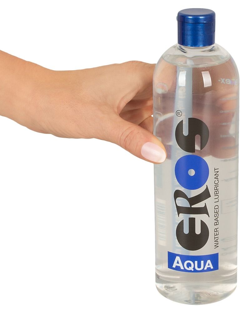 Lubrificante Eros Aqua a base d'acqua in flacone trasparente con tappo blu.