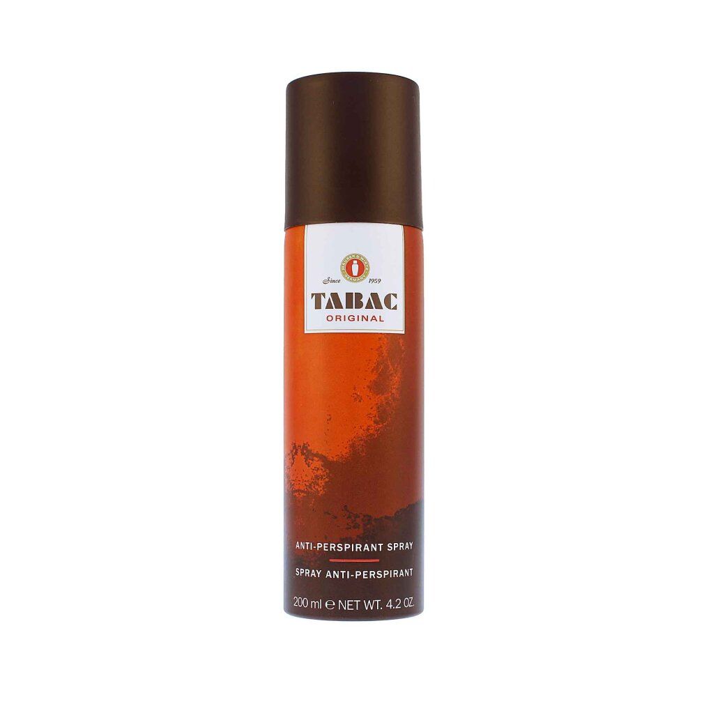Spray deodorante con tappo marrone. Logo e scritta Tabac Original. Scritta: Anti-Perspirant Spray, 200 ml.