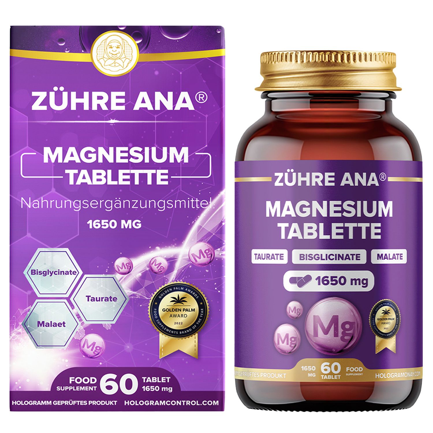 Zühre Ana compresse di magnesio: confezione e flacone con 60 compresse da 1650 mg. Contiene taurato, bisglicinato e malato.