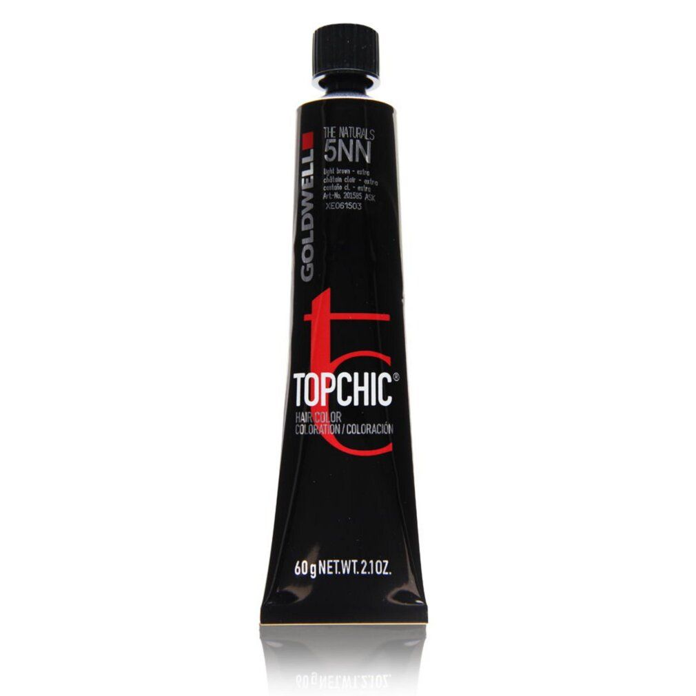 Tubo nero Goldwell Topchic Permanent Hair Color #5NN. Testo: The Naturals, 60g Net Wt. 2.1OZ. Tonalità: marrone chiaro extra.