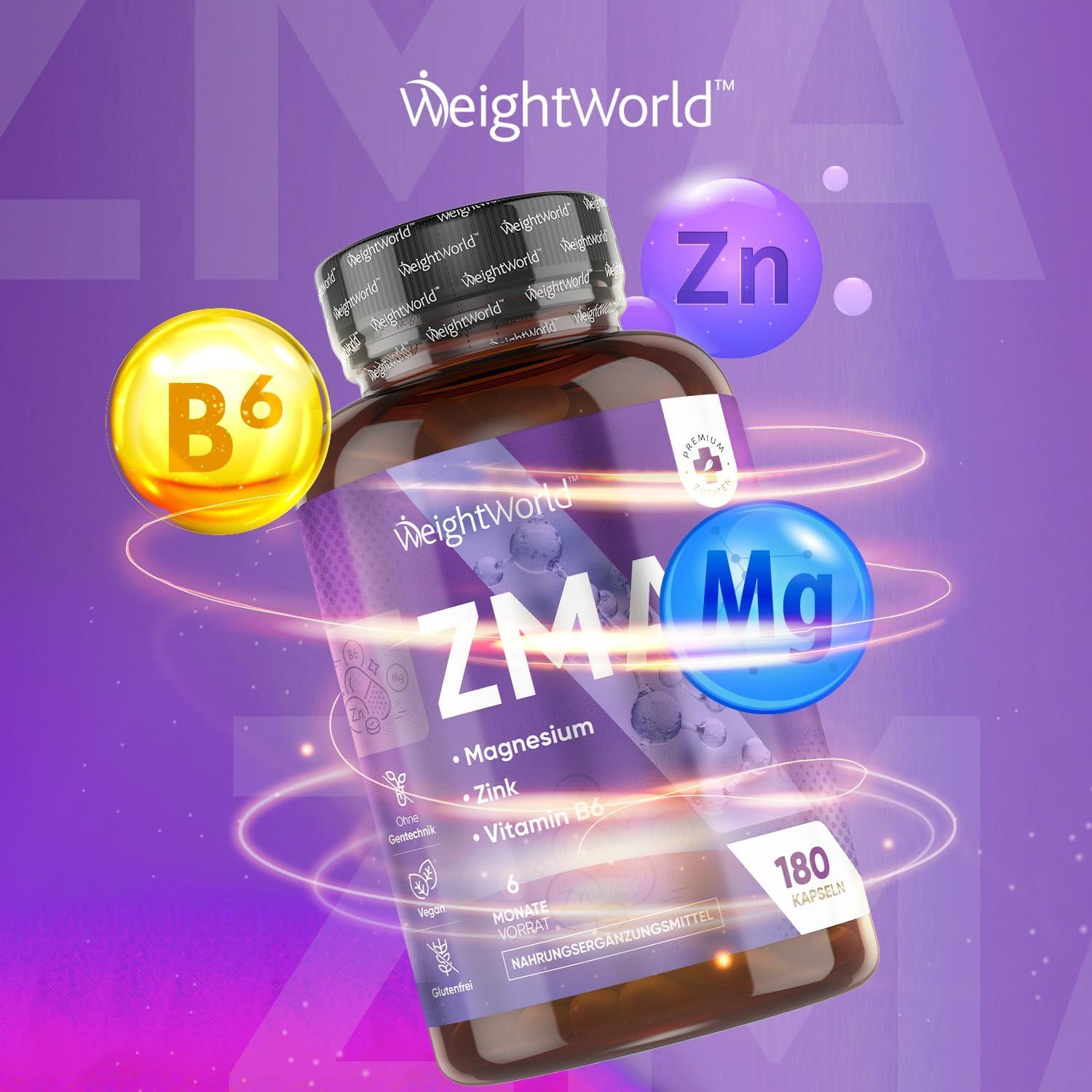 Flacone marrone di capsule ZMA WeightWorld, 180 pezzi. Contiene magnesio, zinco e vitamina B6. Con simboli Zn, Mg e B6.