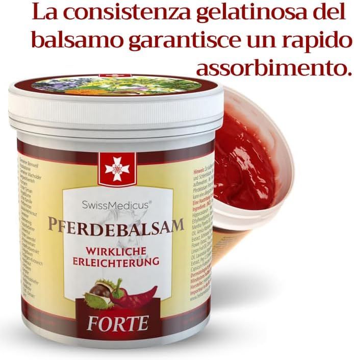 Barattolo di prodotto con coperchio aperto. Gel rosso visibile. Testo: SwissMedicus Pferdebalsam FORTE.