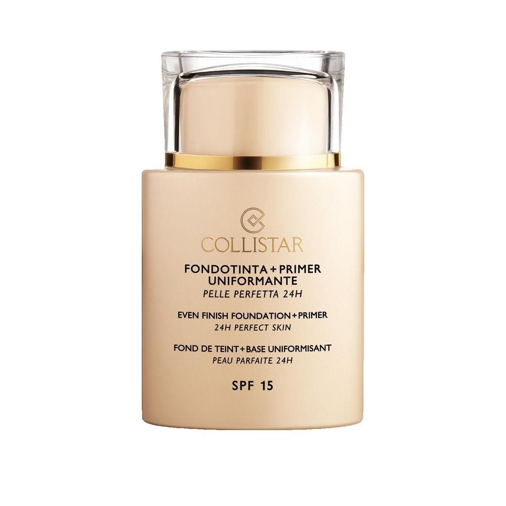 Flacone di fondotinta beige con tappo trasparente. Scritta: Collistar, Fondotinta + Primer, SPF 15.