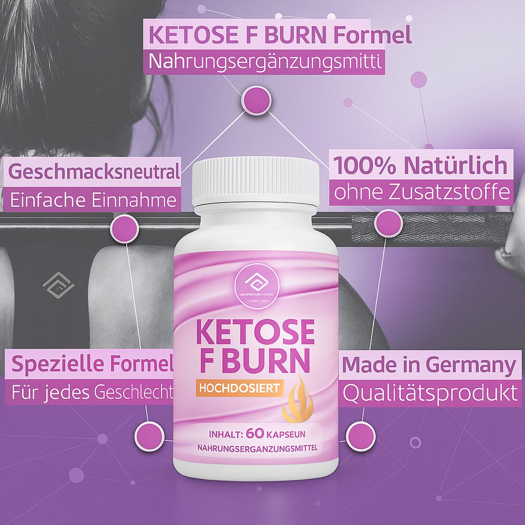 Flacone bianco con etichetta rosa. Scritta: Ketose F Burn, ad alto dosaggio. Contenuto: 60 capsule. Testo: Made in Germany, 100% naturale.
