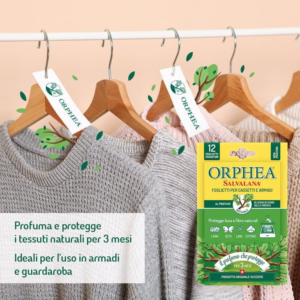 Orphea, Foglietti Salvalana per Cassetti e Armadi,per Lana e Vestiti, Profumo Legni di Cedro, 3 Pack