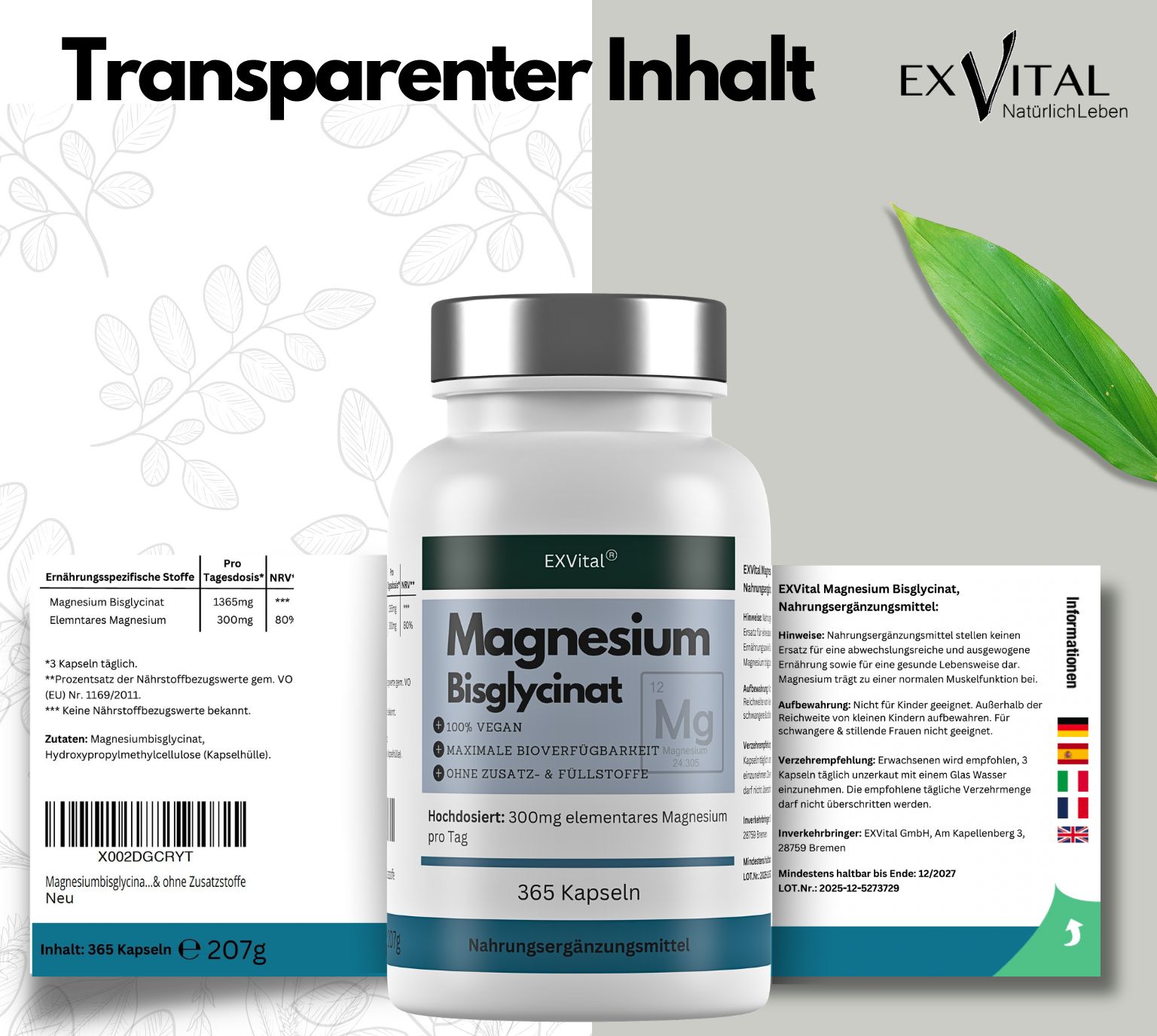 Flacone bianco con coperchio argentato. Scritta: Magnesio Bisglicinato, 365 capsule, vegano, senza additivi. Testo: Contenuto trasparente.