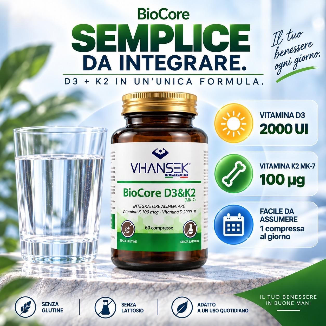 Integratore alimentare BioCore D3 & K2 in flacone di vetro marrone con tappo dorato. Contiene 2000 UI di Vitamina D3 e 100 µg di Vitamina K2 MK-7.