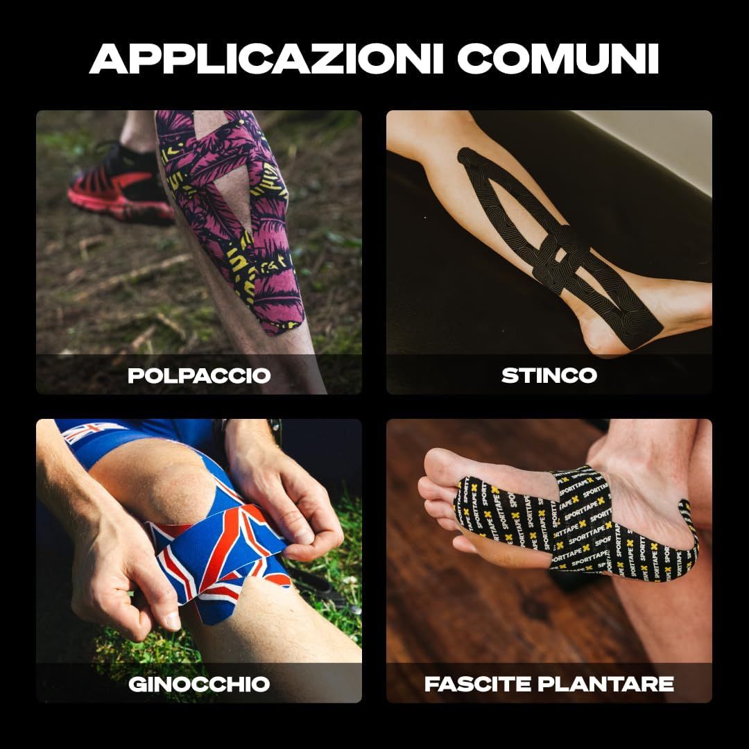 Quattro esempi di applicazione del tape kinesiologico su polpaccio, stinco, ginocchio e piede. Testo: "Applicazioni Comuni".