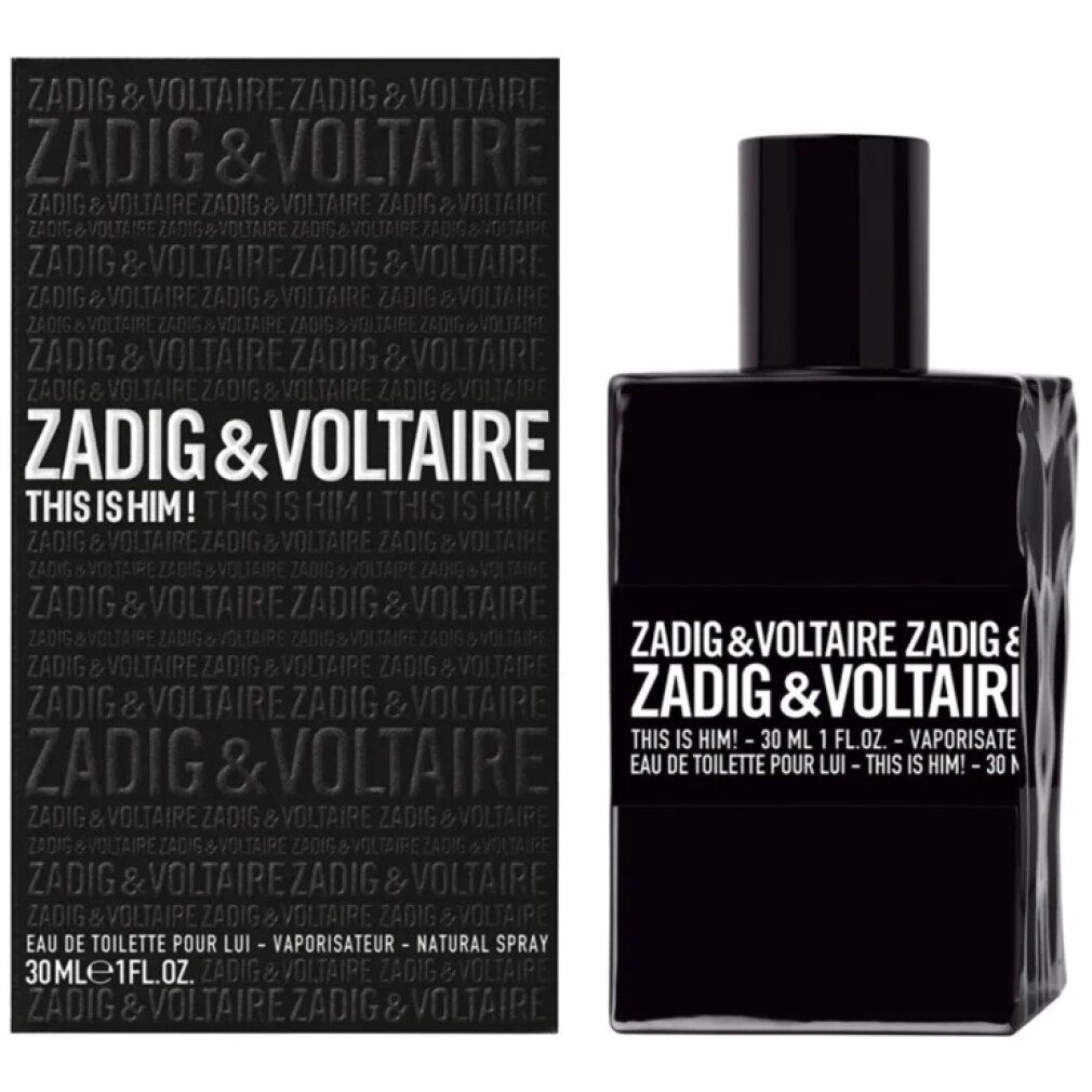 Flacone nero e confezione. Testo: ZADIG & VOLTAIRE, THIS IS HIM! Eau de Toilette. 30 ml.