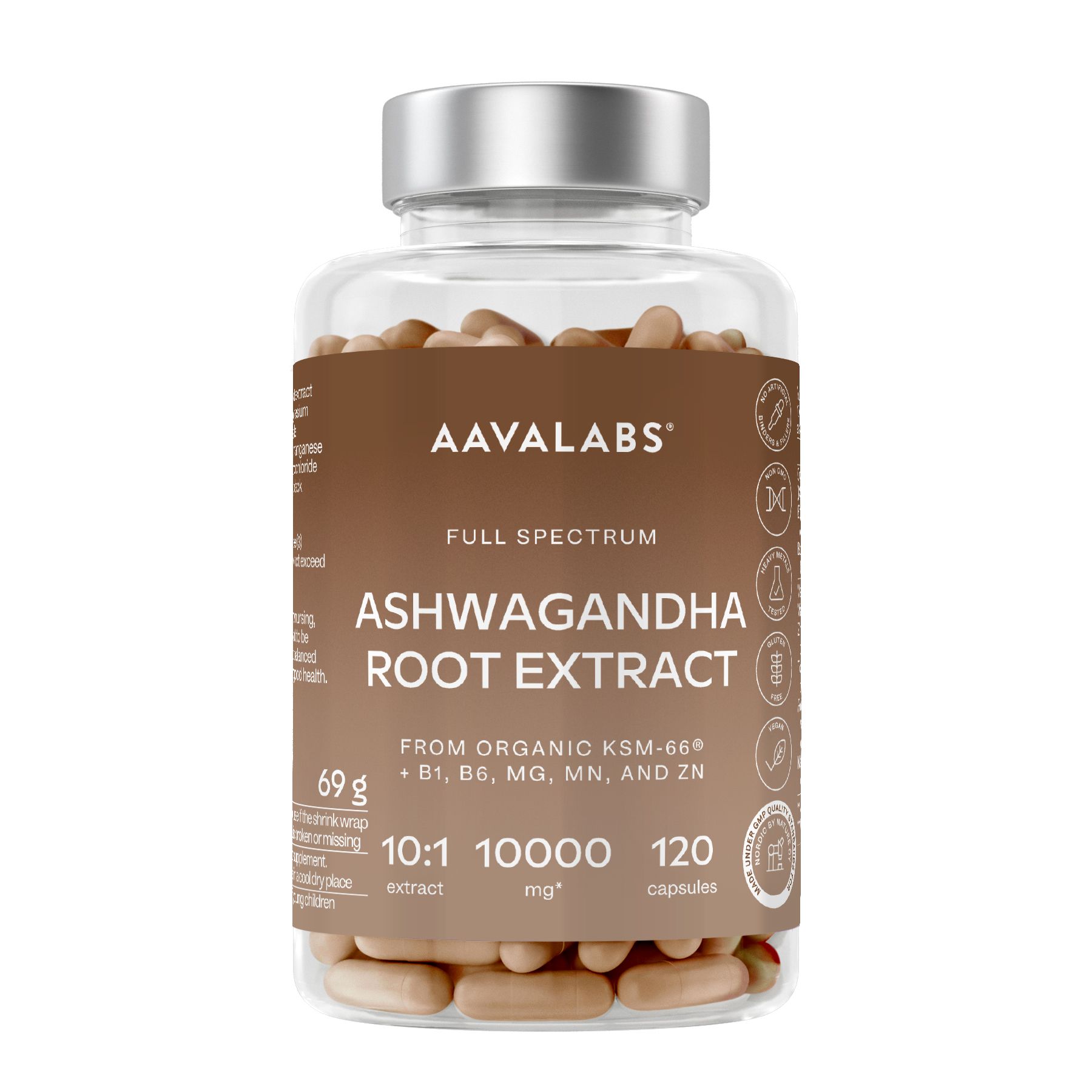 Capsule marroni in un flacone trasparente con coperchio argentato. Scritta: Aavalabs, Ashwagandha Root Extract.