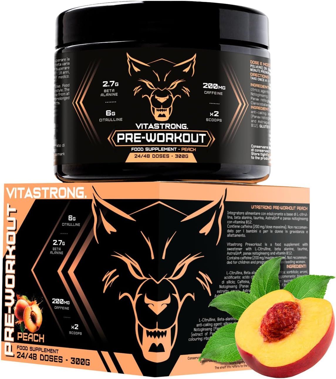 Barattolo e scatola Vitastrong Pre-Workout. Scritte: 2.7g Beta Alanina, 200mg Caffeina, 6g Citrullina. Gusto pesca.