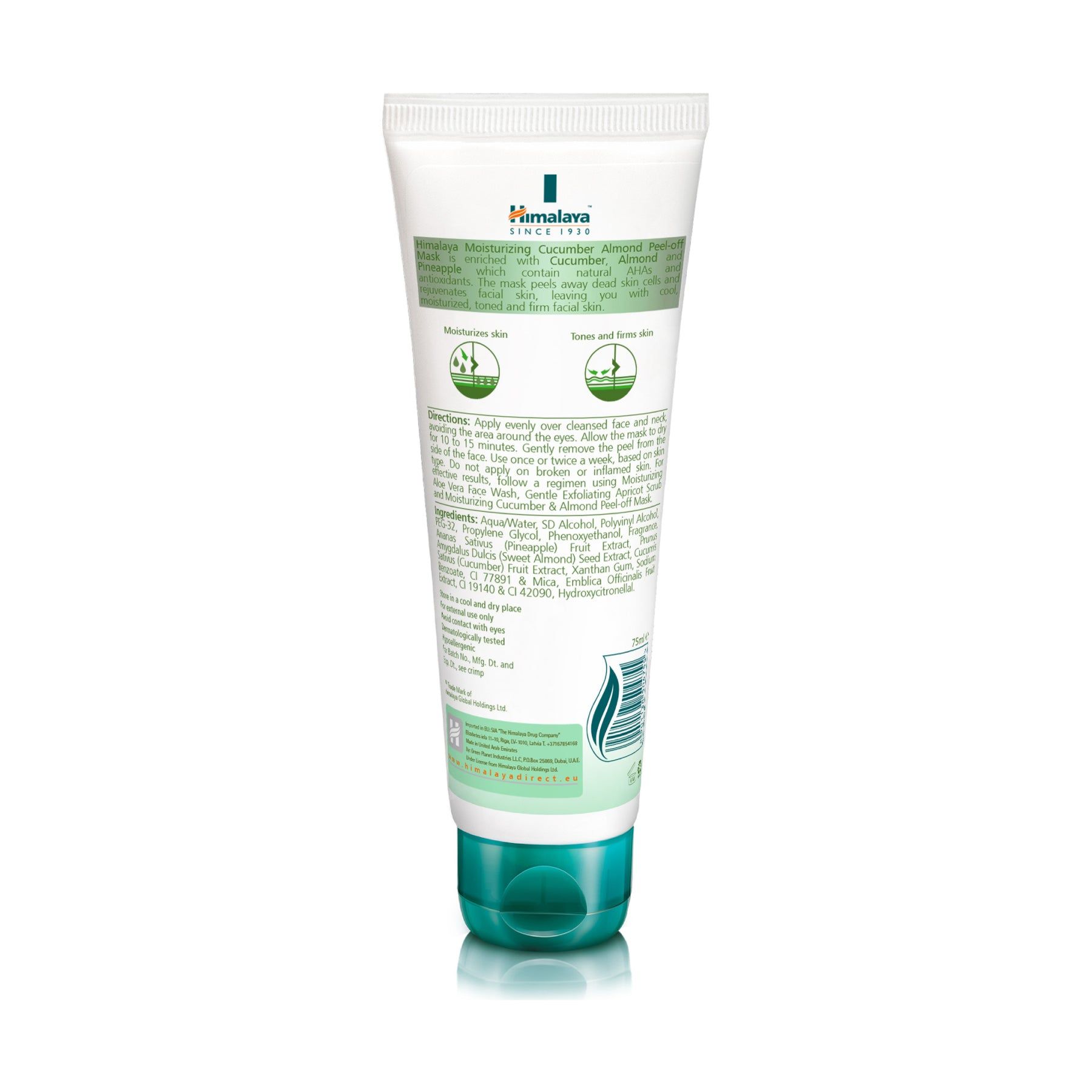 Retro di un tubo di maschera peel-off idratante al cetriolo e mandorla Himalaya con istruzioni e ingredienti.
