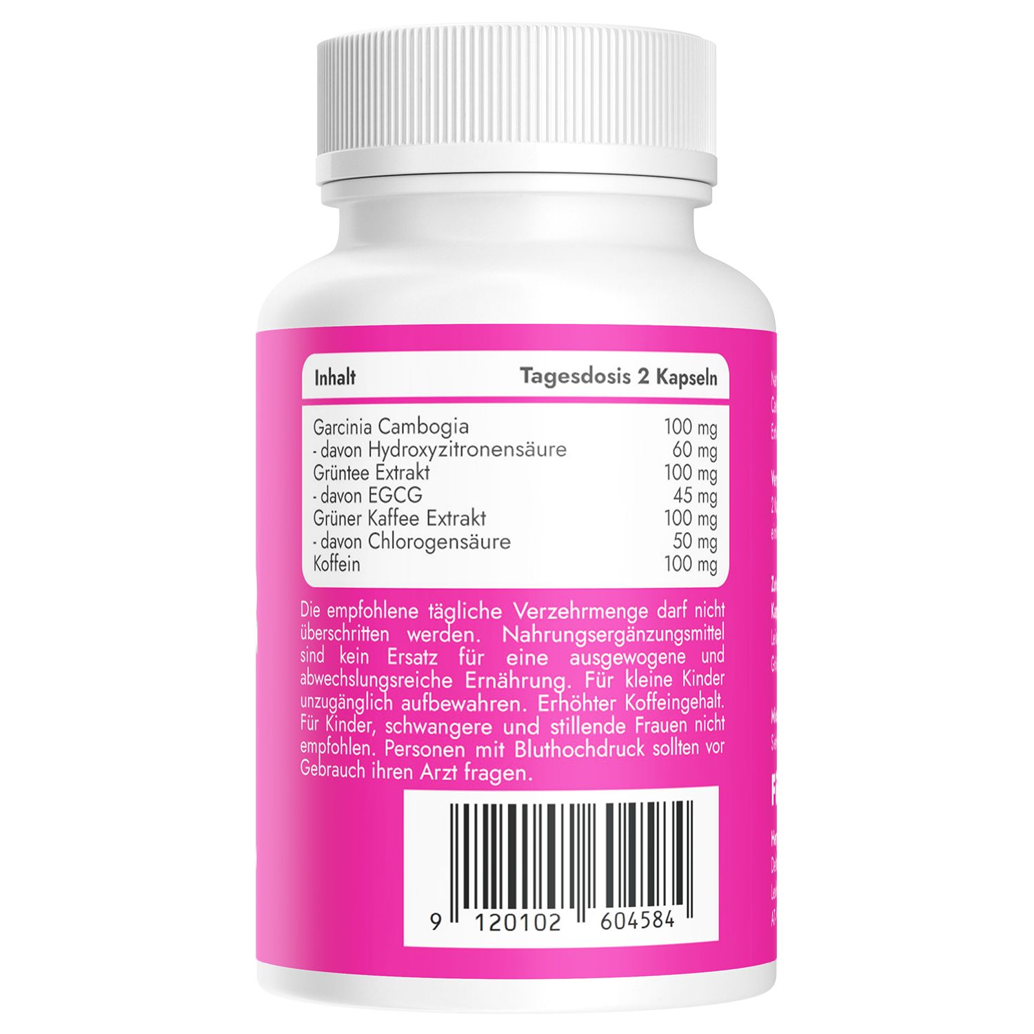 Retro del flacone. Etichetta rosa con ingredienti e dose giornaliera. Contiene Garcinia Cambogia, Estratto di caffè verde, Caffeina.