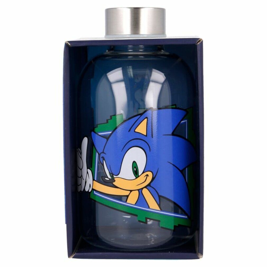 Bottiglia di vetro in confezione blu. Sonic con pollice in su. Tappo in metallo. Cornice verde.