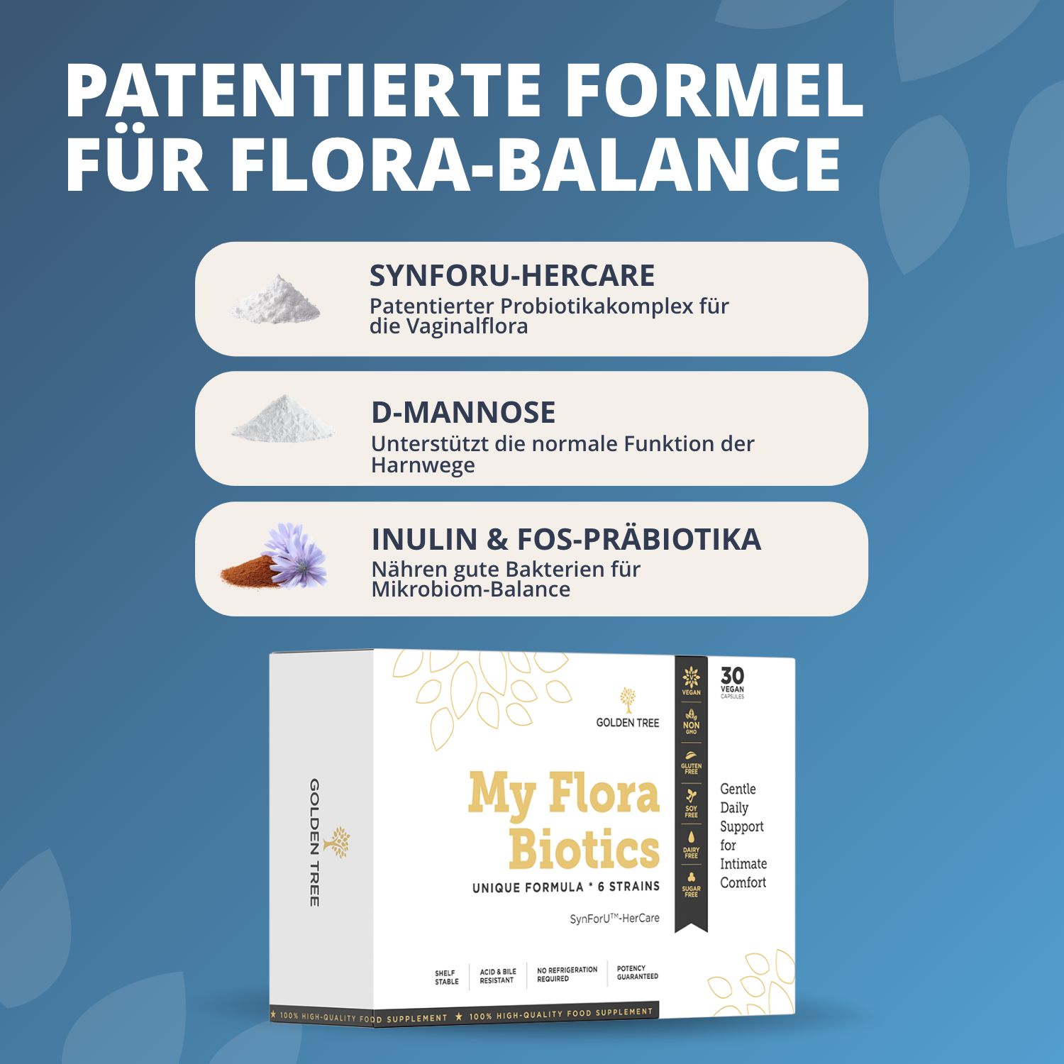 Golden Tree My Flora Biotics: Formula brevettata per l'equilibrio della flora con ingredienti.