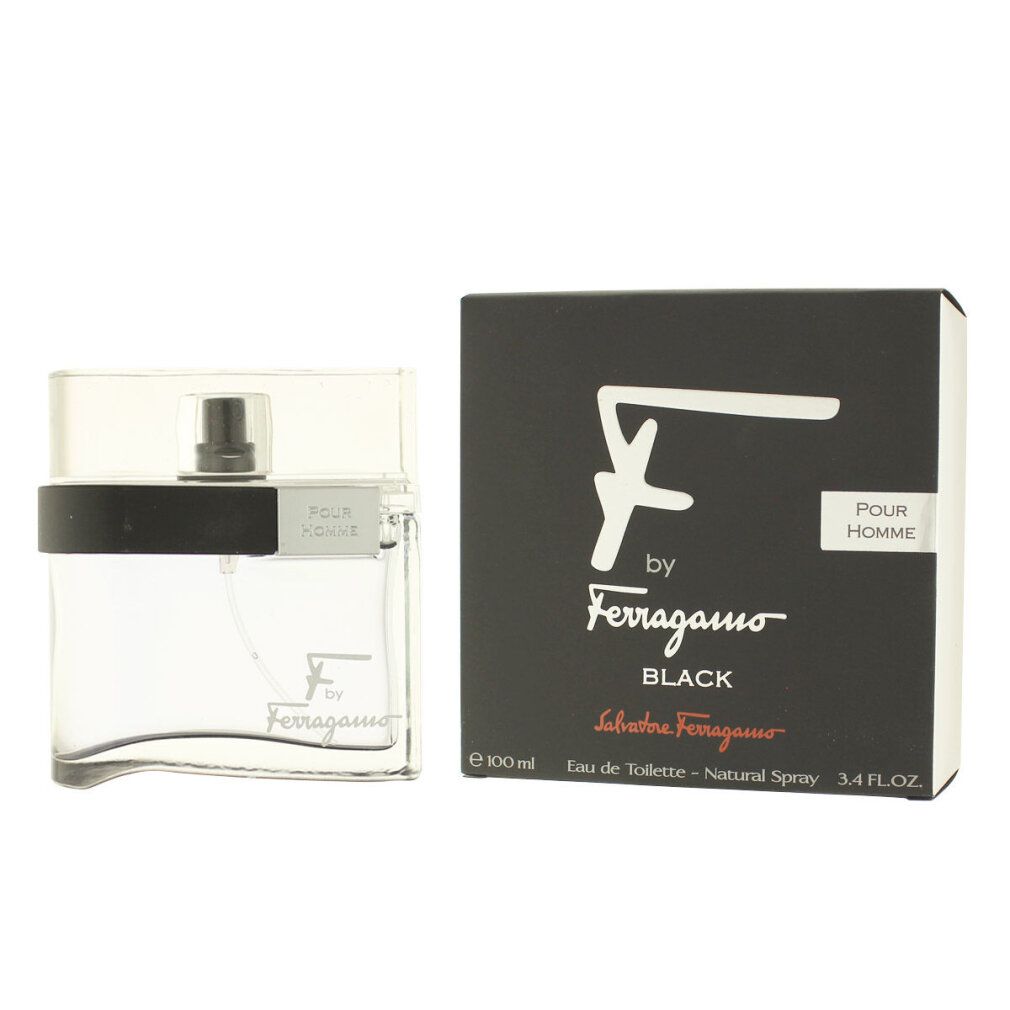 Scatola e flacone neri. Sulla scatola è scritto "F by Ferragamo Black". Il flacone ha una fascia nera e un tappo trasparente.