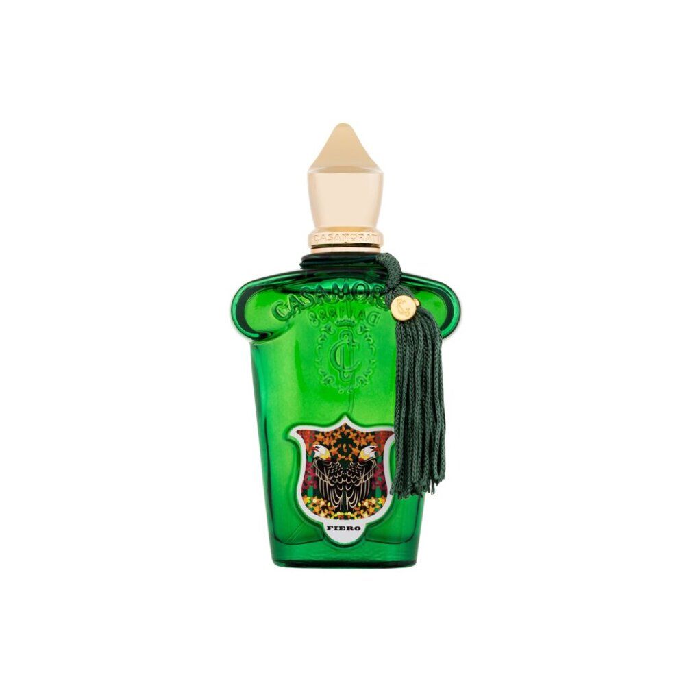 Flacone in vetro verde con tappo dorato e nappa. Sul flacone è visibile la scritta « Fiero ».