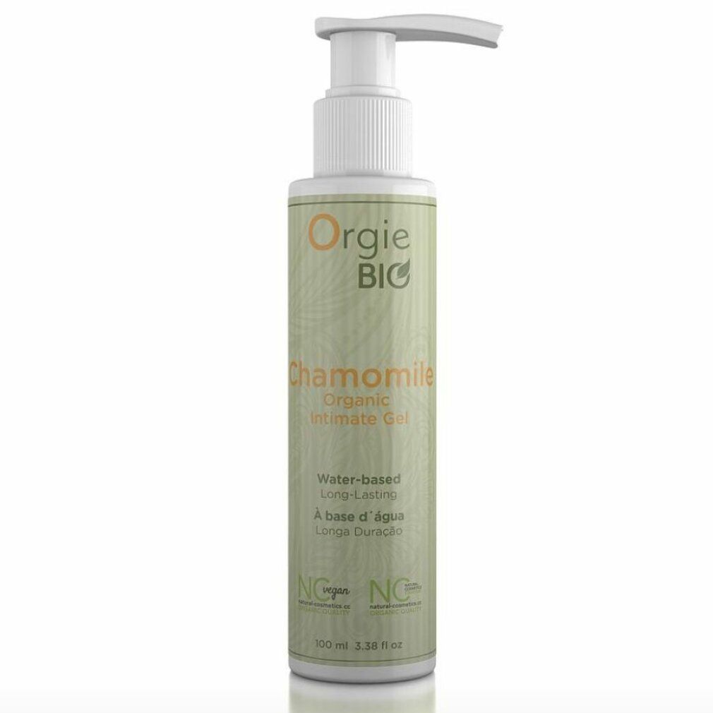 Flacone cilindrico con dosatore. Scritte: Orgie BIO, Chamomille, Organic Intimate Gel. Sigillo vegano.