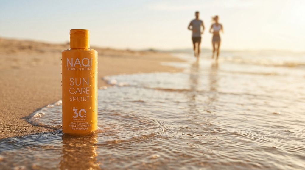Flacone NAQI Sun Care Sport Protezione solare SPF 30 sulla spiaggia con corridori sullo sfondo.