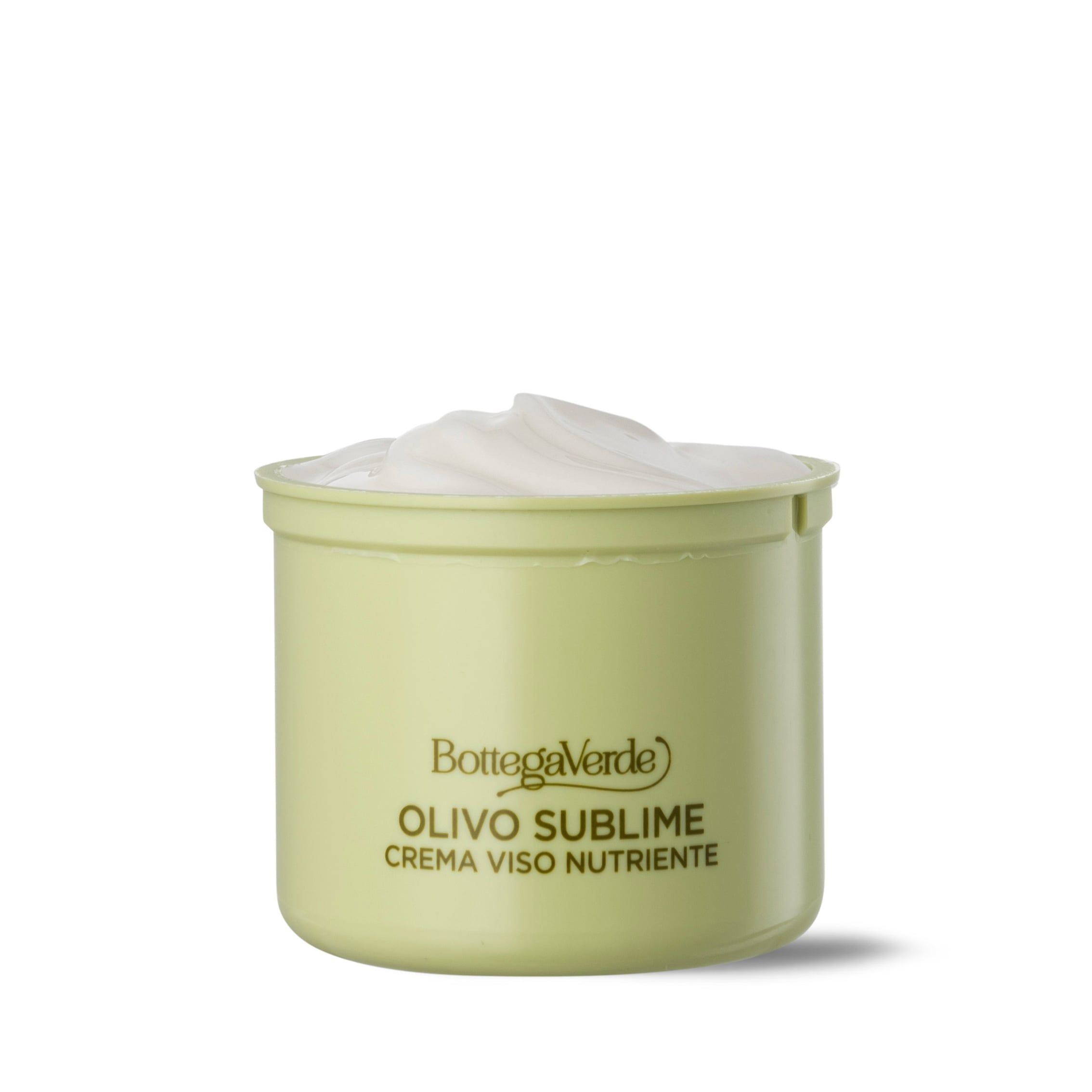 Vaso di crema. Scritta: Bottega Verde, Olivo Sublime, Crema viso nutriente.
