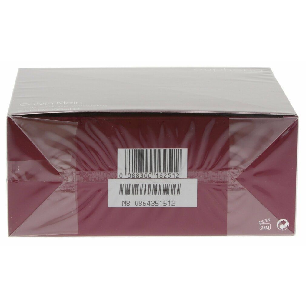Confezione del profumo. La confezione è rossa e riporta la scritta "Calvin Klein". Codice a barre e informazioni sul prodotto visibili.