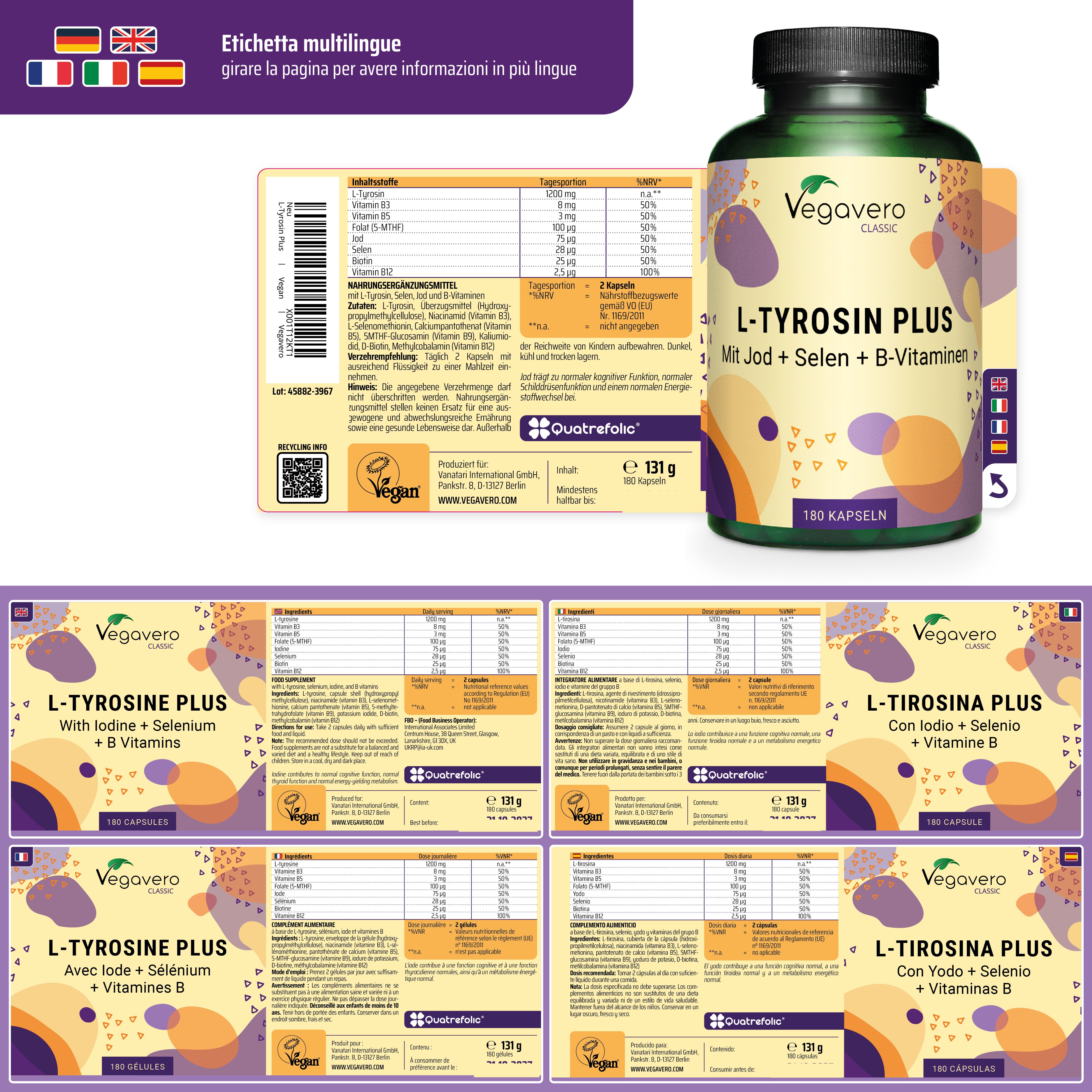 Etichetta multilingue con informazioni sul prodotto. Flacone con etichetta del prodotto. Diverse etichette in lingue.