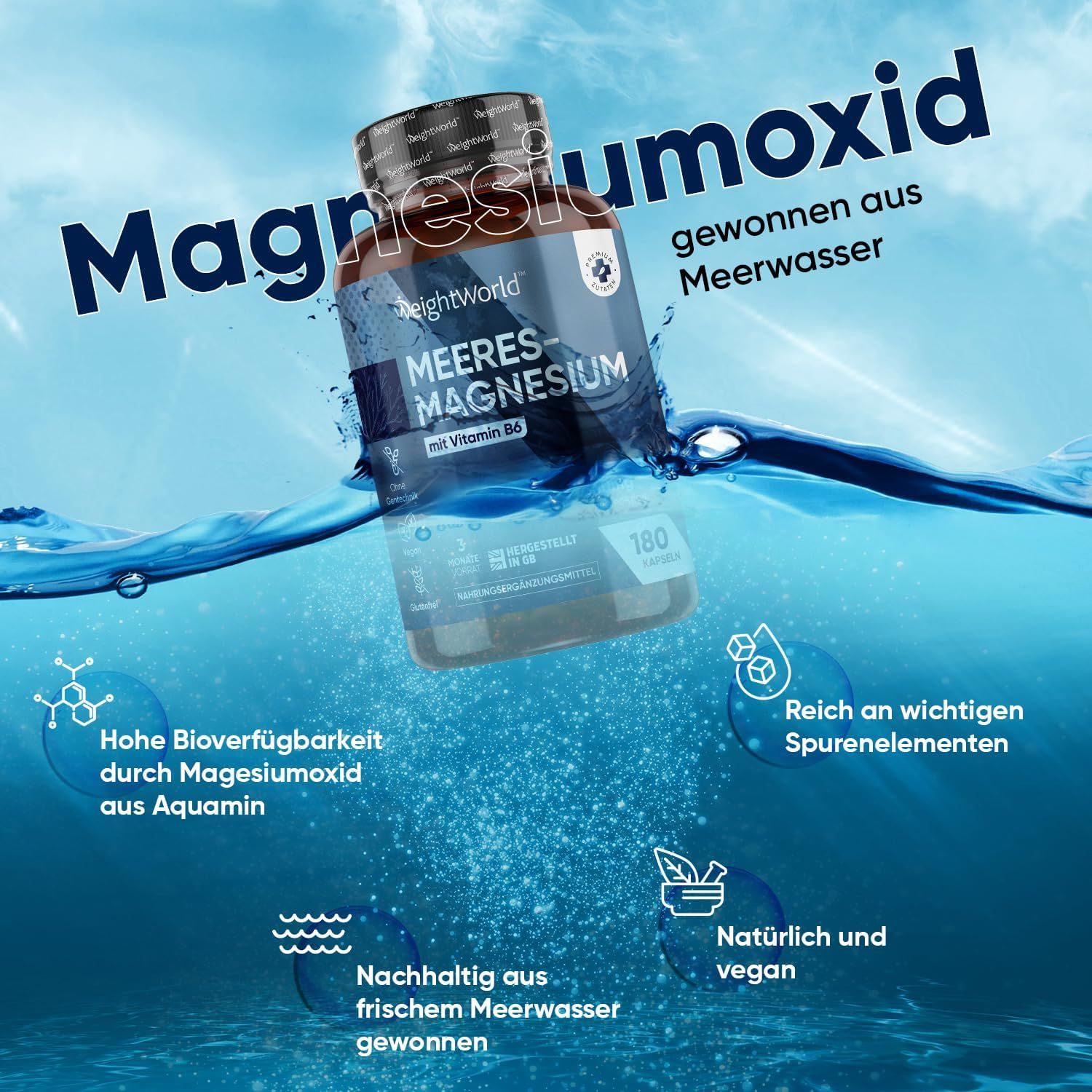 Flacone di WeightWorld Meeres-Magnesium nell'acqua. Testo: Magnesio dall'acqua di mare. Alta biodisponibilità. Ricco di oligoelementi.