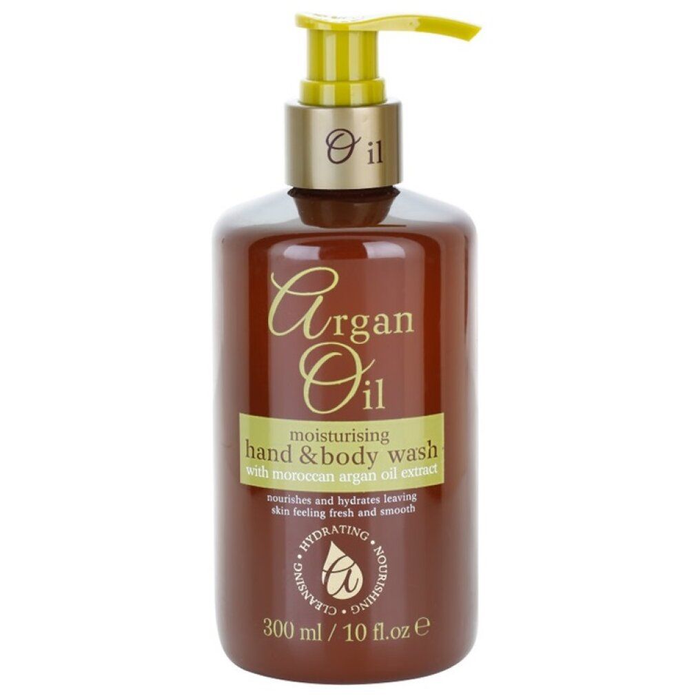 Flacone marrone con dosatore giallo. Scritta: Argan Oil, Hand & Body Wash. Contiene olio di argan marocchino. 300 ml.