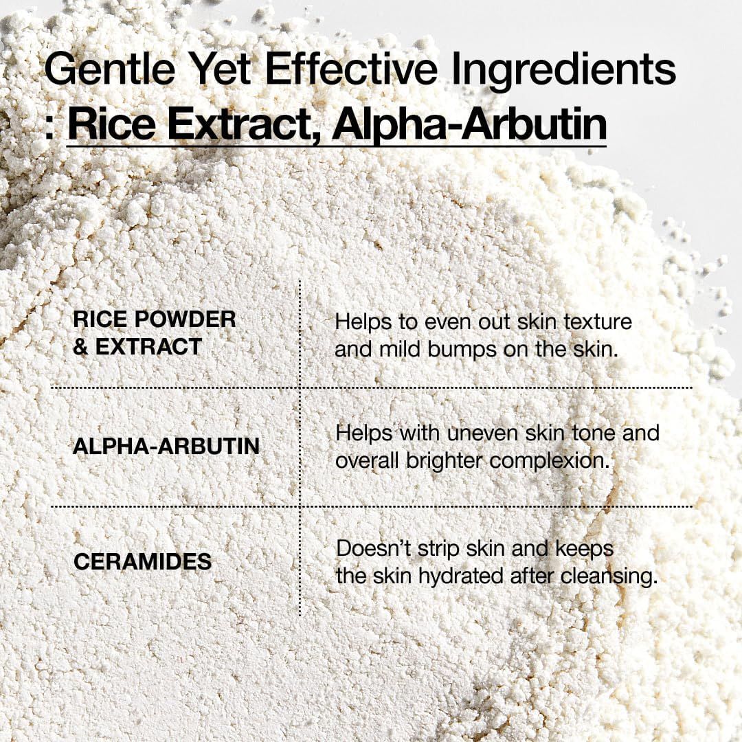 Testo: Gentle Yet Effective Ingredients: Rice Extract, Alpha-Arbutin. Diagramma con informazioni sugli ingredienti e i loro effetti.