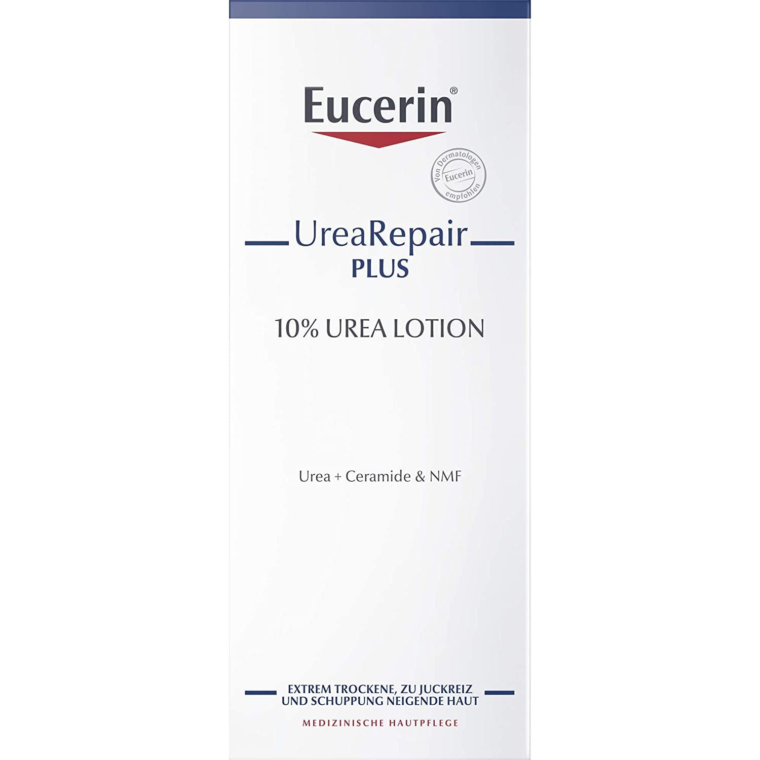 Eucerin UreaRepair PLUS 10% Urea Lotion. Flacone bianco con testo blu e nero. Contiene urea, ceramidi e NMF. Adatto per pelli estremamente secche e soggette a prurito. Trattamento dermatologico.