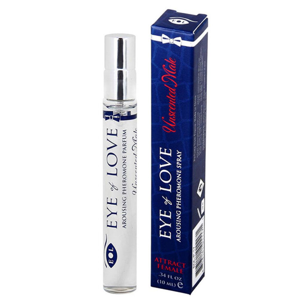 Una fiala e una scatola di spray ai feromoni "Eye of Love" per uomo, inodore.
