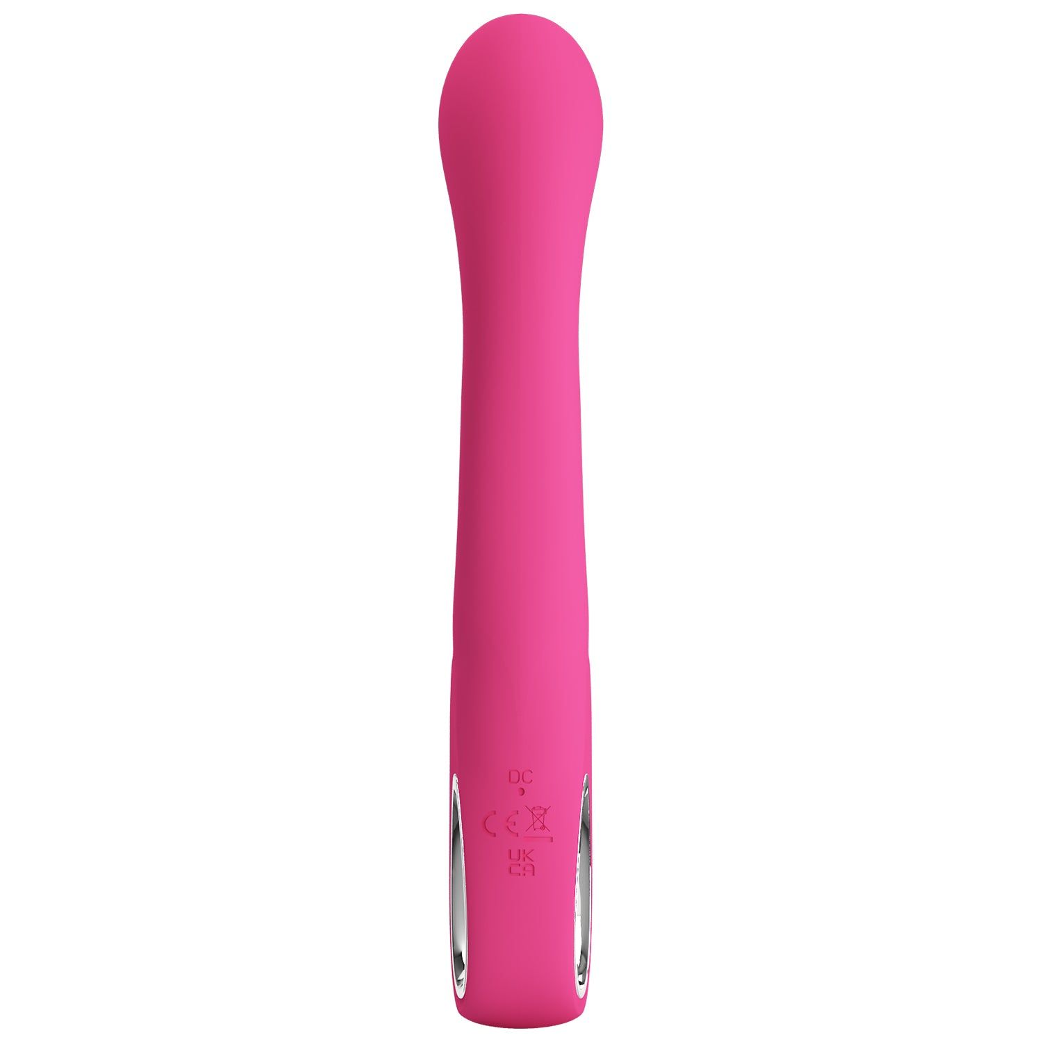 Vibratore rosa con superficie liscia. Forma cilindrica con pulsanti. Con due pulsanti e un anello metallico.