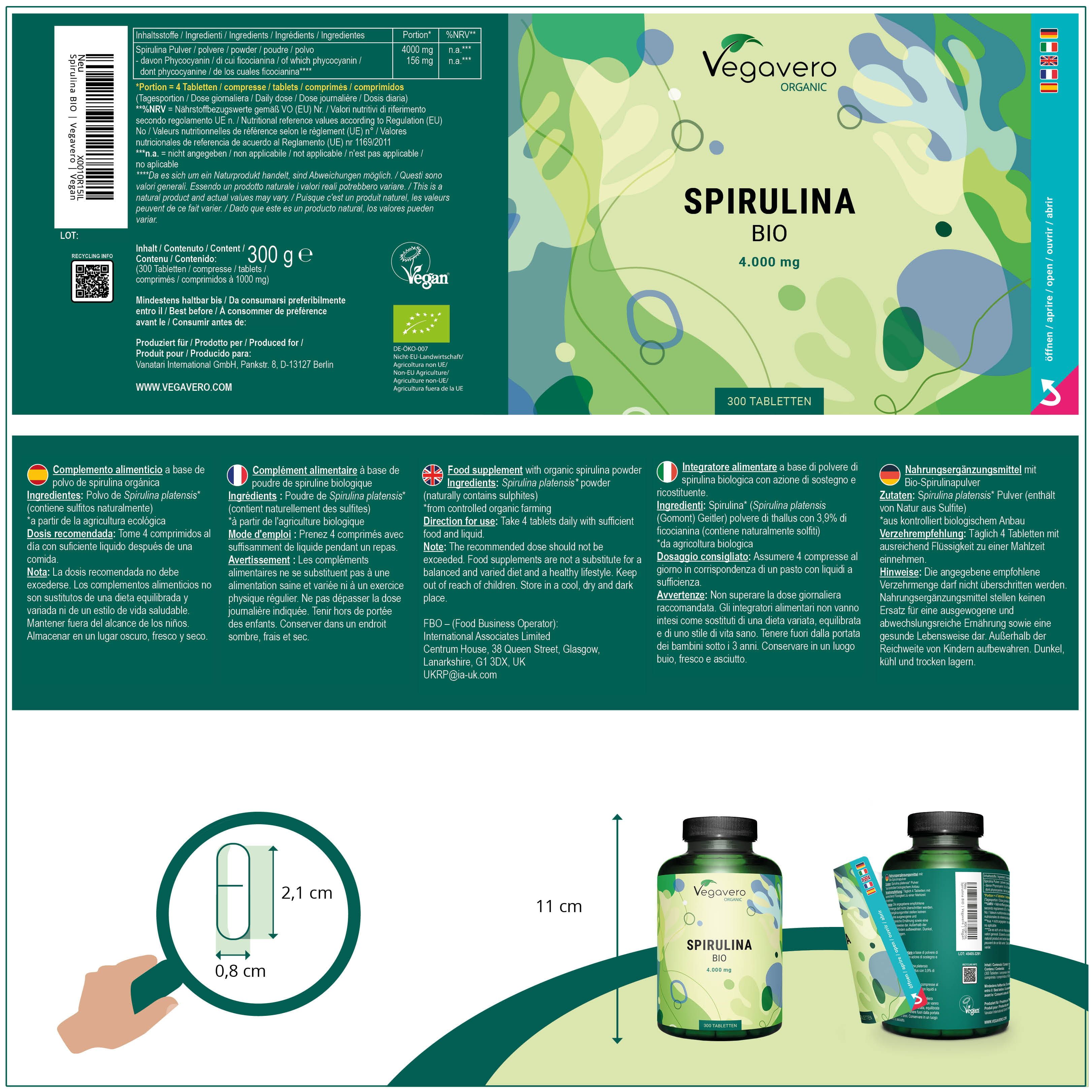 Retro confezione Spirulina BIO. Informazioni multilingue, 300 g, logo bio UE, e indicazione dimensioni capsula.
