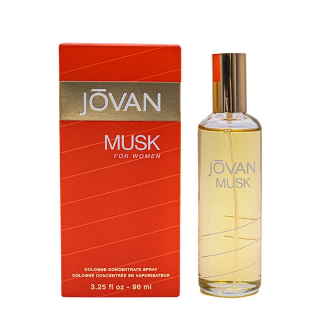 Flacone e confezione di Jovan Musk for Women. Confezione rossa con logo dorato. Flacone con tappo dorato.