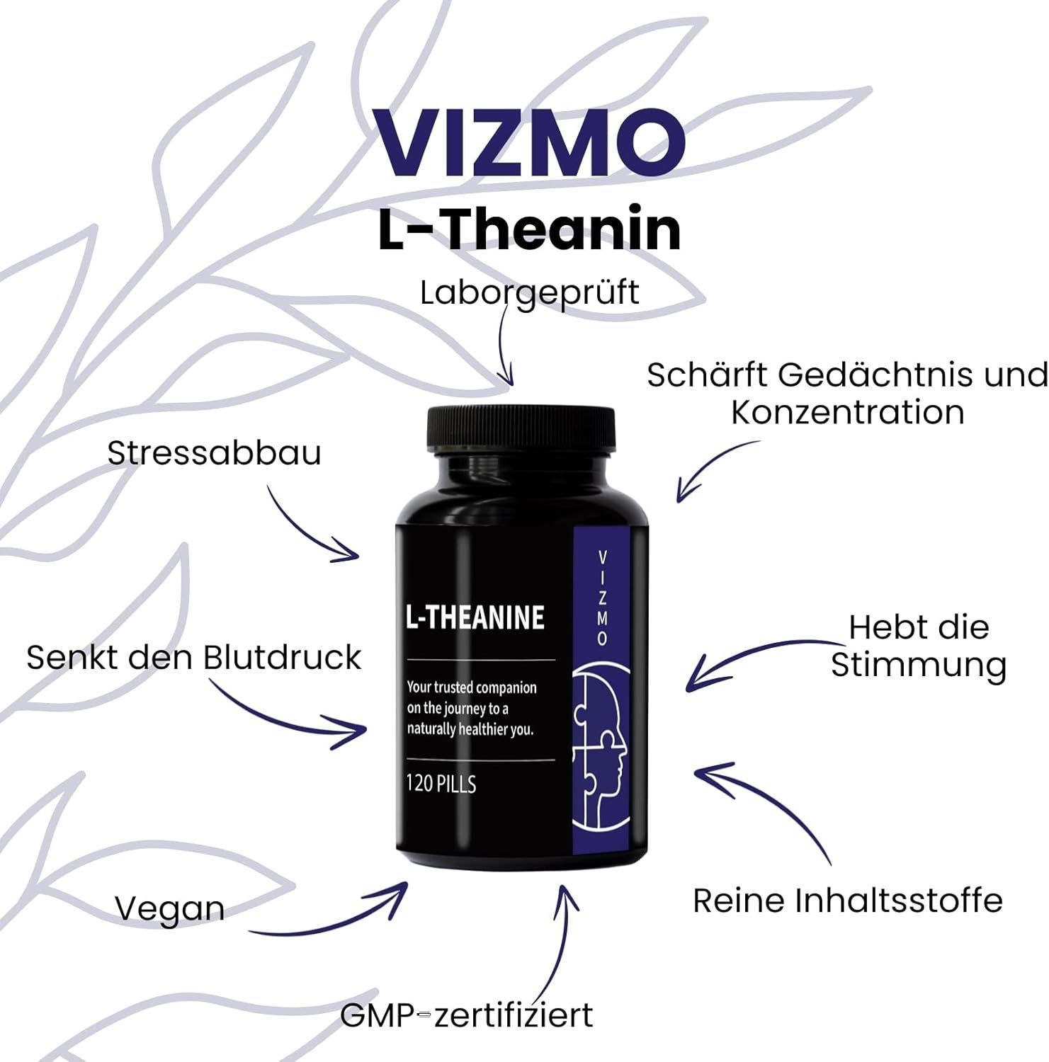 Flacone di capsule Vizmo L-Teanina. Testo: Testato in laboratorio, 120 pillole. Benefici: Riduzione dello stress, concentrazione.