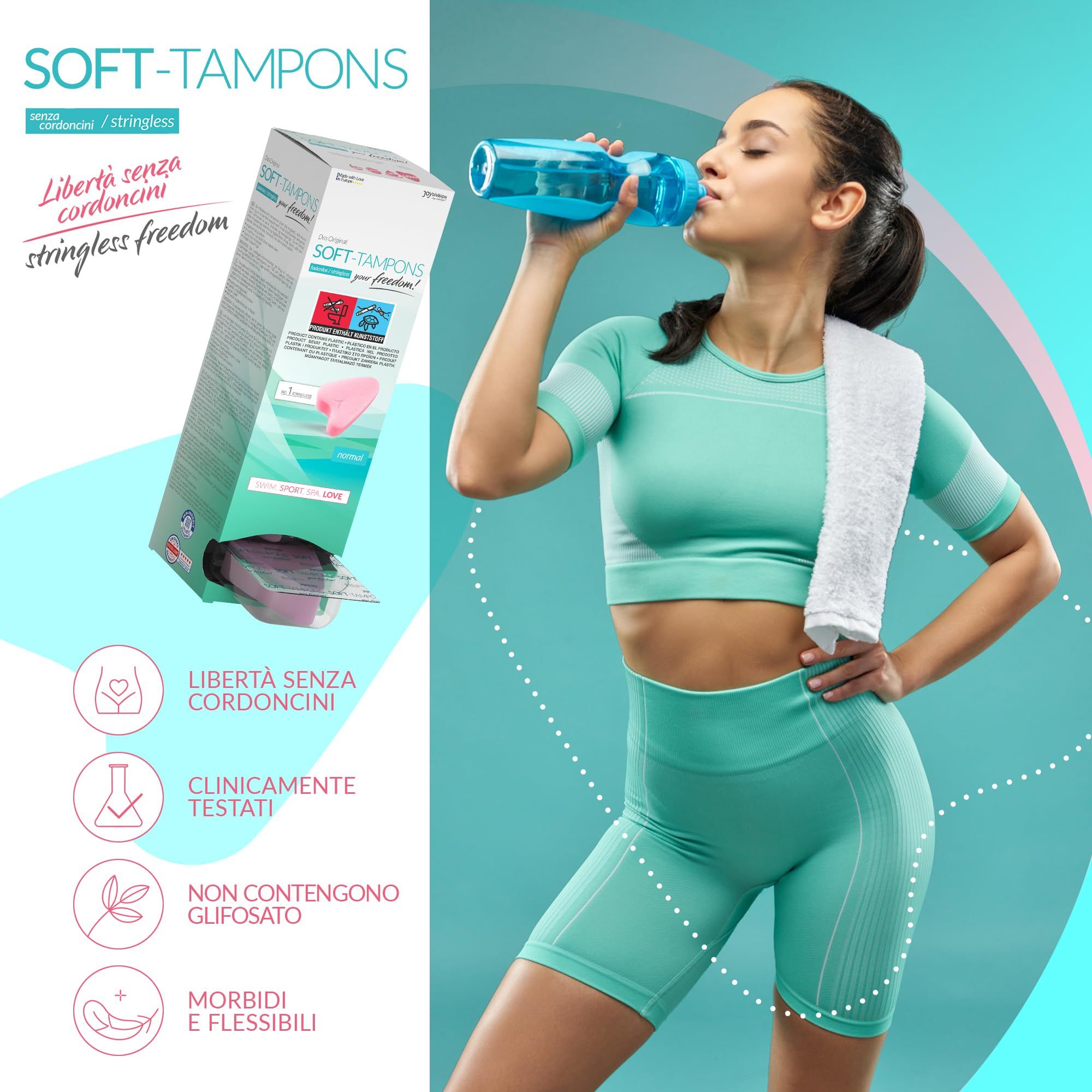 Confezione Soft Tampons Normal con donna in piscina.