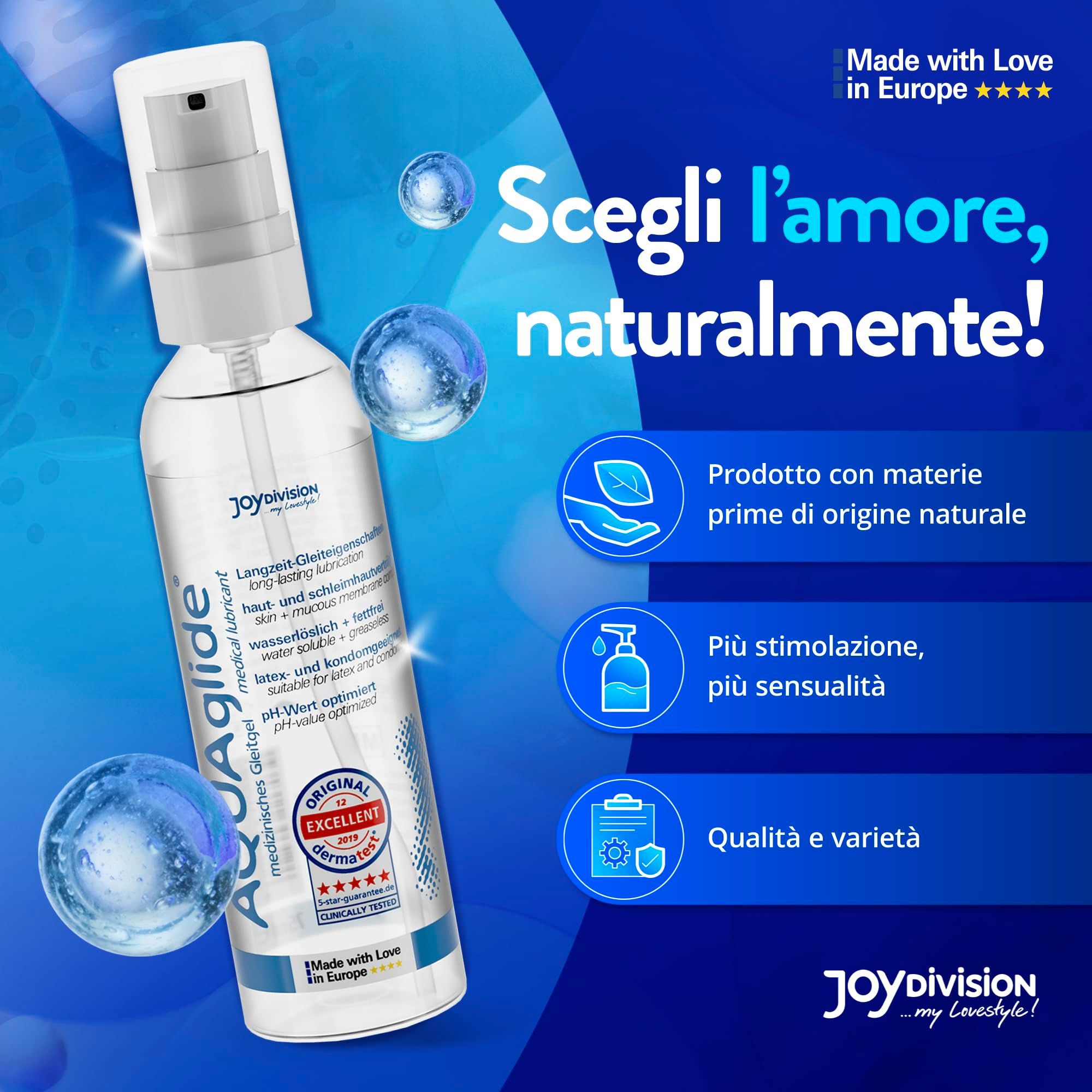 Gel lubrificante AquaGlide in flacone trasparente con erogatore a pompa. Prodotto in Europa.