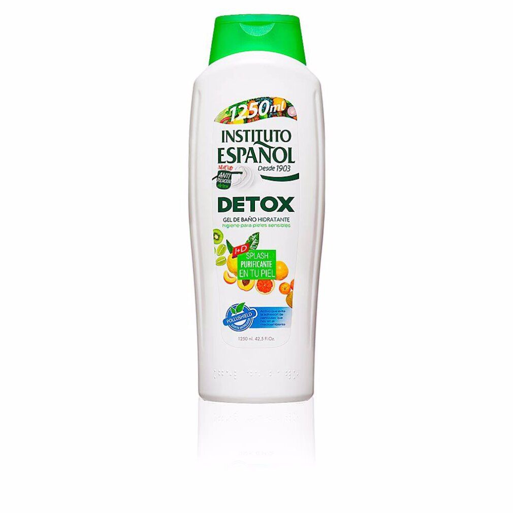 Gel doccia bianco con tappo verde. Scritta: Instituto Español Detox. Illustrazioni di frutta. Testo: Gel de baño hidratante.