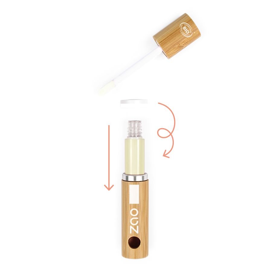 Stick per labbra in bambù. Con applicatore e logo ZAO. Certificazione bio. Vista esplosa.