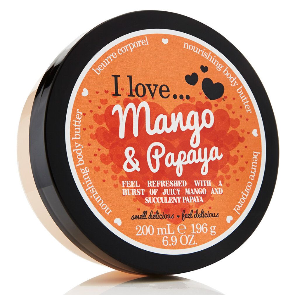 Vasetto rotondo con coperchio nero. Scritta: Mango & Papaya. Adesivo arancione. Contenuto: 200 ml.